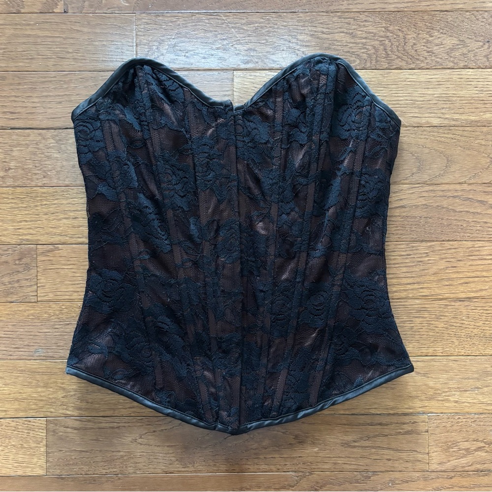 Vintage Black and Brown Floral Lace Button Up Bustier